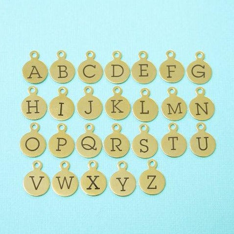 Charmes de lettres en acier inoxydable doré - Choisissez votre initiale et quantité - Alphabet majuscule - 13mm avec boucle - ALPHA1300BFSGOLD-IND