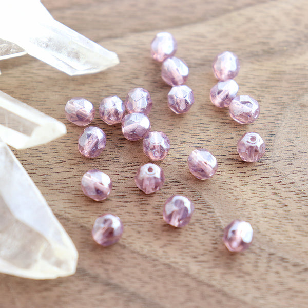 Faceted Czech Glass Beads 6mm - Fire Polished Transparent Pink - 25 Beads - CB348