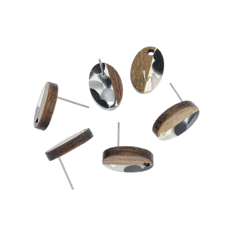Boucles d'oreilles bois en acier inoxydable - clous ovales en résine noire et blanche - 15 mm x 10 mm - 2 pièces 1 paire - ER301