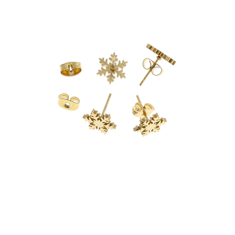 Gold Stainless Steel Earrings - Snowflake Studs - 10mm - 2 Pieces 1 Pair - ER410