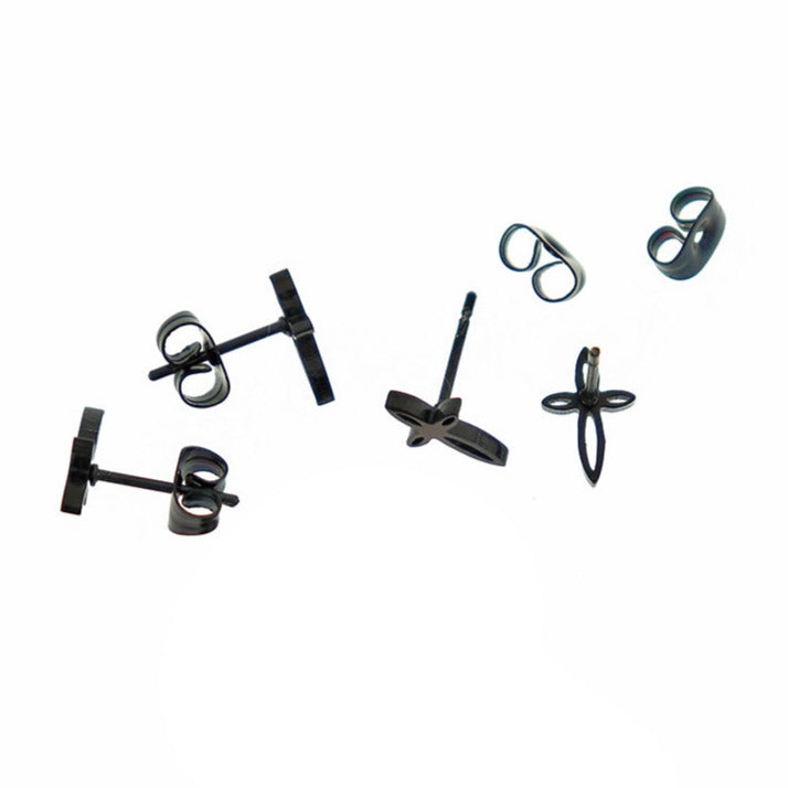 Gunmetal Black Stainless Steel Earrings - Cross Studs - 10mm x 6mm - 2 Pieces 1 Pair - ER457