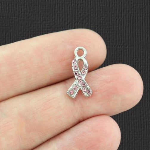 2 Awareness Ribbon Silver Tone Charms With Inset Pink Rhinestones - SC3635