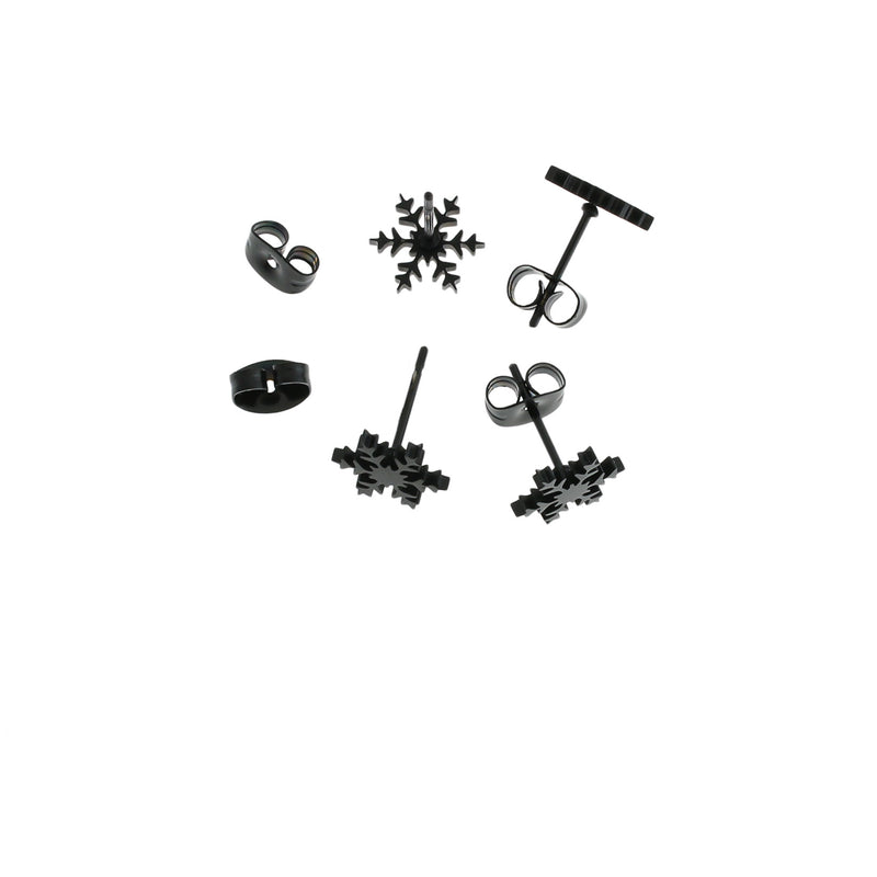 Gunmetal Black Stainless Steel Earrings - Snowflake Studs - 10mm - 2 Pieces 1 Pair - ER412