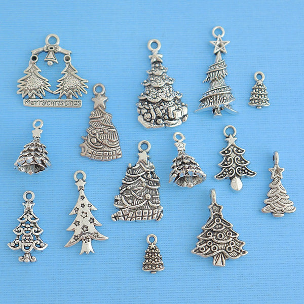 Collection de breloques sapin de Noël ton argent antique 14 breloques différentes - COL271