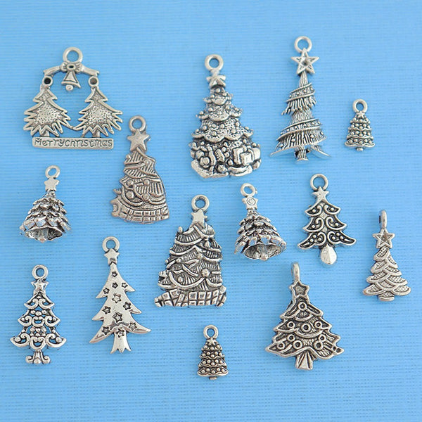 Christmas Tree Charm Collection Antique Silver Tone 14 Different Charms - COL271