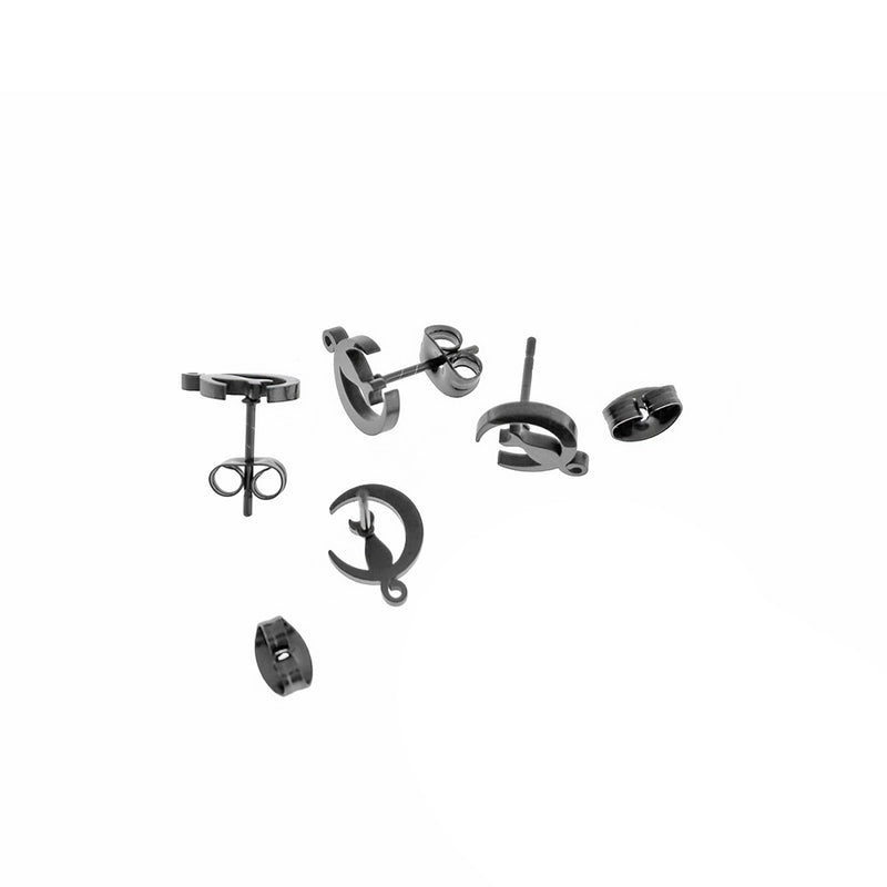 Gunmetal Black Stainless Steel Earrings - Crescent Moon Cat Studs - 11mm x 8mm - 2 Pieces 1 Pair - ER469