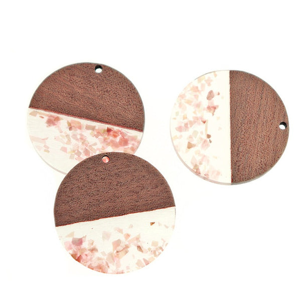 Round Natural Wood and Resin Charm 38mm - Pink Sequin - WP549