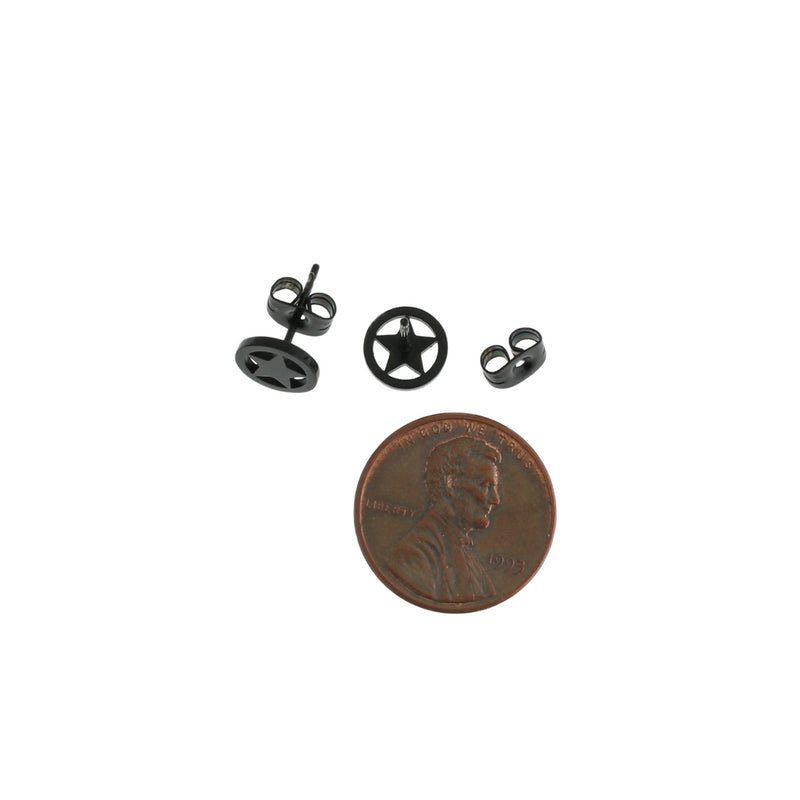 Gunmetal Black Stainless Steel Earrings - Star Studs - 8mm x 1mm - 2 Pieces 1 Pair - ER230