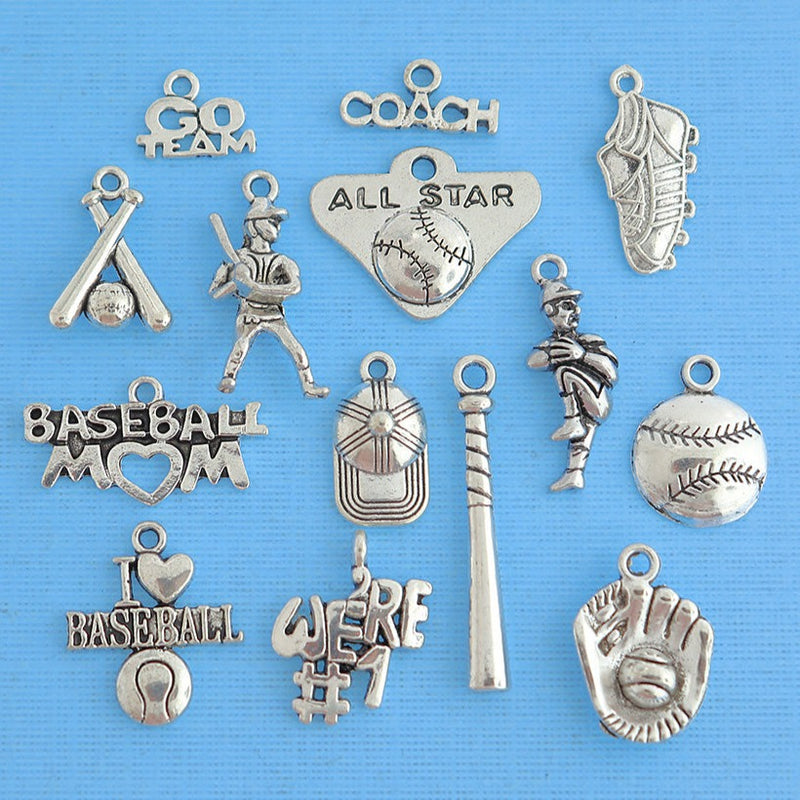 Deluxe Baseball Charm Collection Antique Silver Tone 14 Charms - COL265