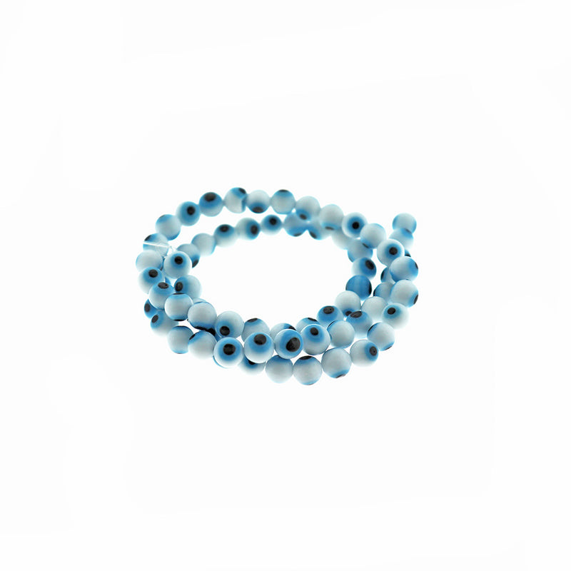 Round Glass Beads 6mm - Light Blue and White Evil Eye - 1 Strand 64 Beads - BD2339