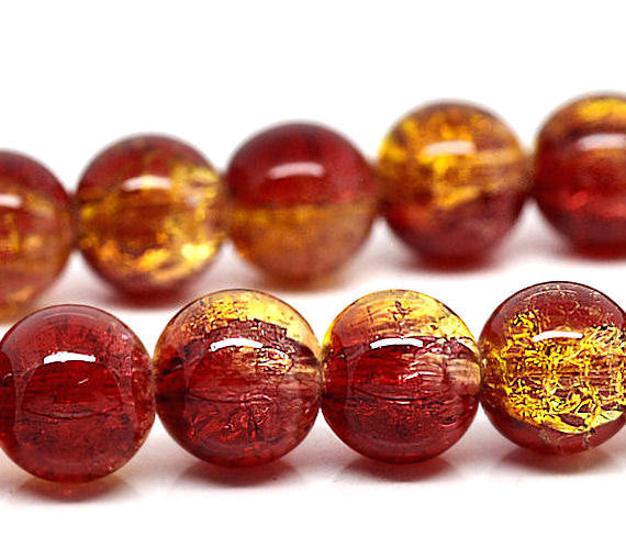 Round Glass Beads 10mm - Red and Yellow Crackle - 1 Strand 85 Beads - BD052