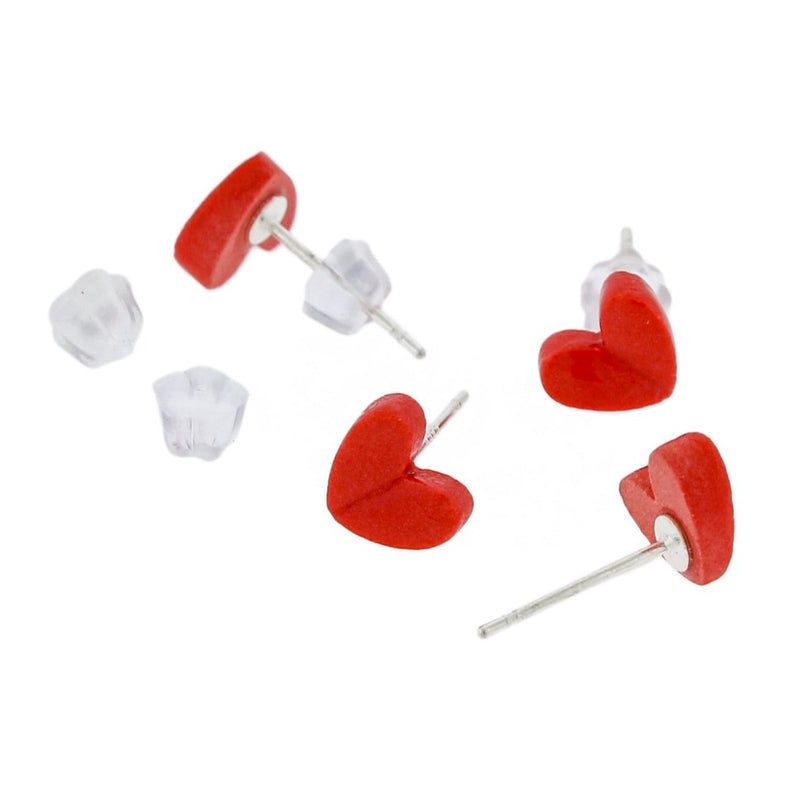 Porcelain Earrings - Red Heart Studs - 8mm x 7mm - 2 Pieces 1 Pair - ER629