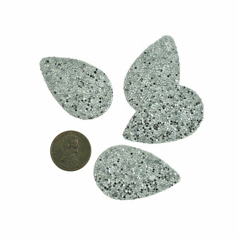 Imitation Leather Teardrop Pendants - Silver Sequin Glitter - 4 Pieces - LP266