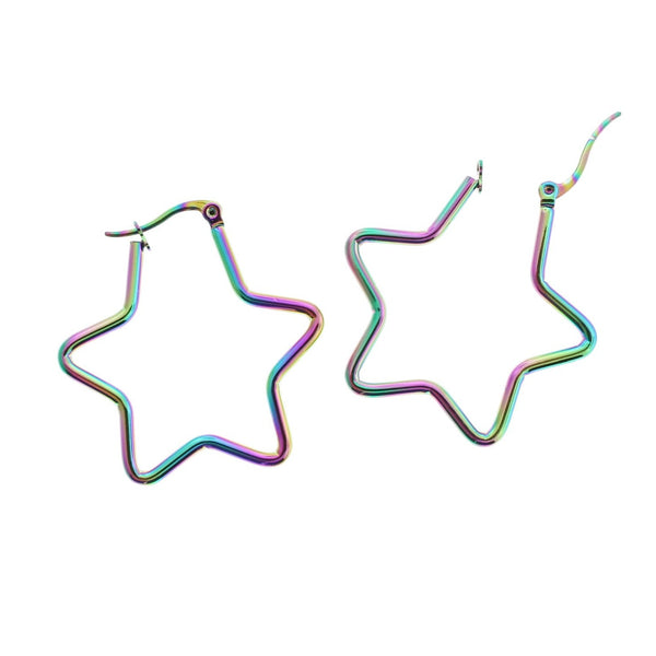 Star Hoop Earrings - Rainbow Electroplated Stainless Steel - Lever Back 36mm - 2 Pieces 1 Pair - Z156