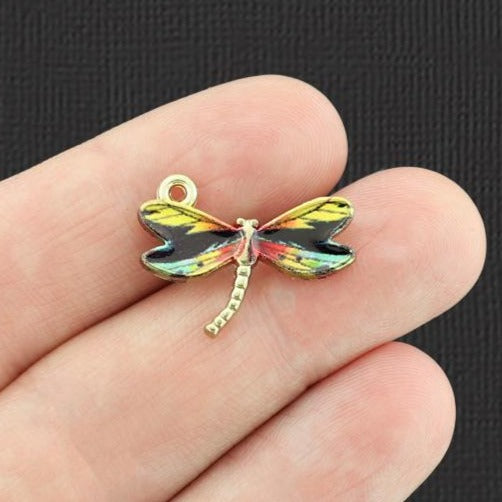 4 Black and Yellow Dragonfly Gold Tone Enamel Charms - E516