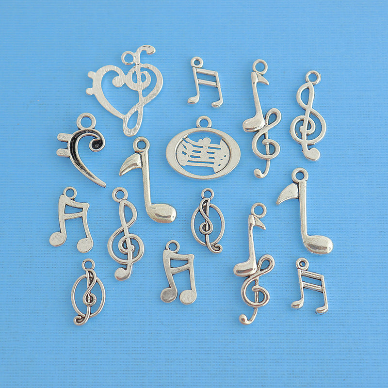 Music Notes Charm Collection Antique Silver Tone 15 Charms - COL268