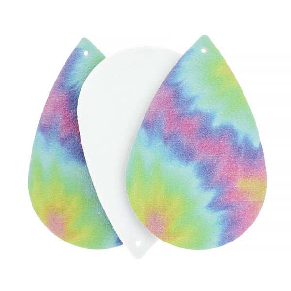 Imitation Leather Teardrop Pendants - Light Rainbow Tie-dye - 4 Pieces - LP157