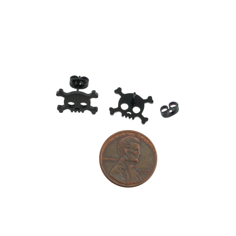 Gunmetal Black Stainless Steel Earrings - Skull Studs - 14mm x 10mm - 2 Pieces 1 Pair - ER049