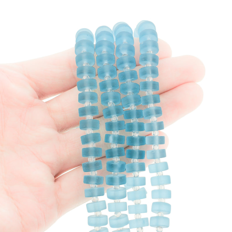 Heishi Cultured Sea Glass Beads 9mm x 3mm - Frosted Blue - 1 Strand 36 Beads - U135