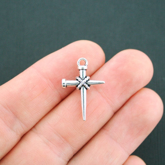 8 Stake Cross Antique Silver Tone Charms 2 faces - SC4967