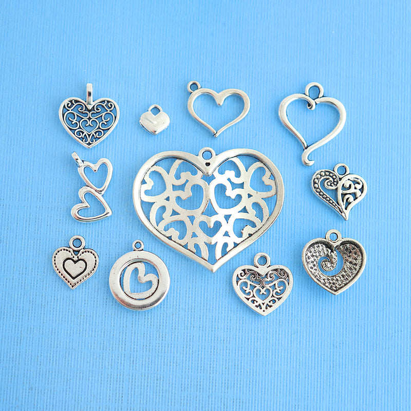 Heart Charm Collection Antique Silver Tone 11 Different Charms - COL008