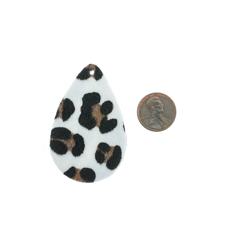 Imitation Leather Teardrop Pendants - White Leopard Print Fur - 4 Pieces - LP149