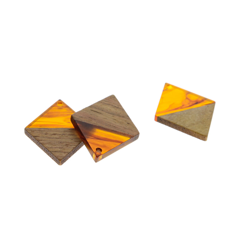 2 Rhombus Natural Wood and Brown Swirl Resin Charms 34mm - WP217