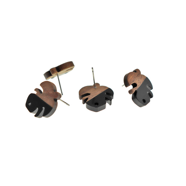 Wood Stainless Steel Earrings - Black Resin Leaf Studs - 19.5mm x 17mm - 2 Pieces 1 Pair - ER768