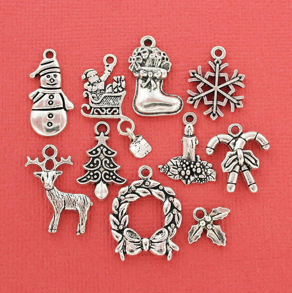 Christmas Charm Collection Antique Silver Tone 10 Different Charms - COL048