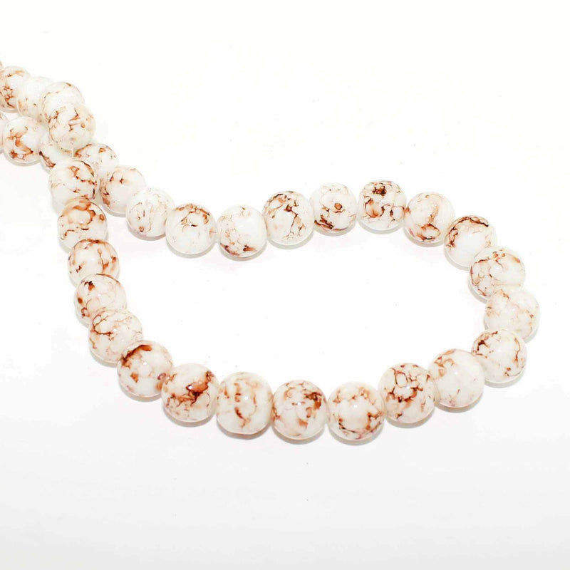 Perles de verre rondes 10 mm - Marrons terreux tourbillonnés et Ivoire doux - 1 brin 80 perles - BD218