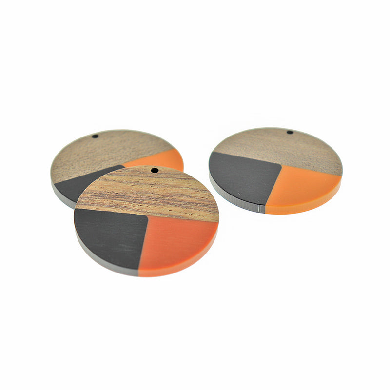 Round Natural Wood and Resin Charm 38mm - Black and Orange - WP509