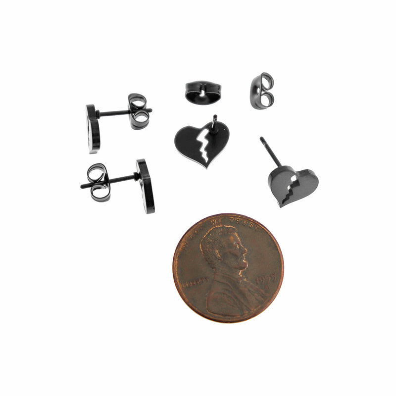 Boucles d'oreilles en acier inoxydable ton noir - Clous de coeur brisé - 10 mm - 2 pièces 1 paire - ER876