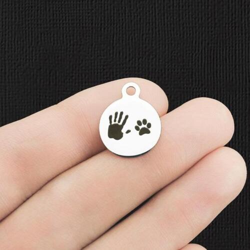 Hand Print Paw Print Stainless Steel Small Round Charms - BFS002-5911