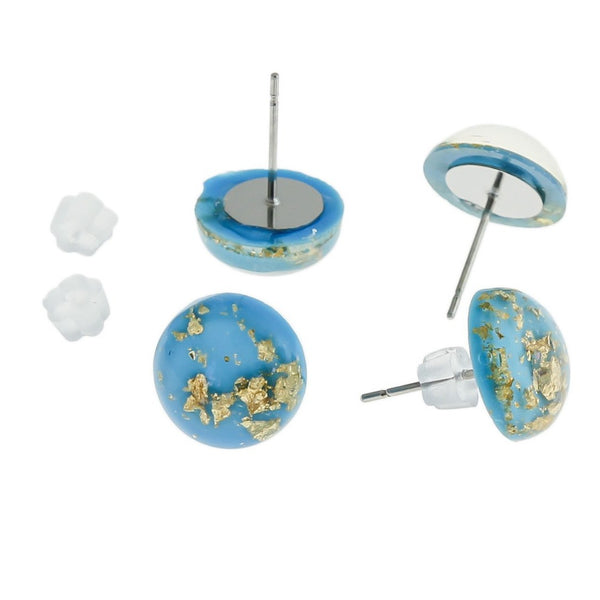 Resin Stainless Steel Earrings - Blue and Gold Studs - 12mm - 2 Pieces 1 Pair - ER330