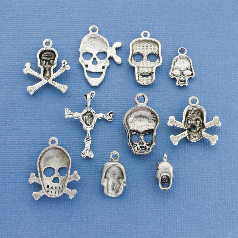 Skull Charm Collection Antique Silver Tone 10 Different Charms - COL050H