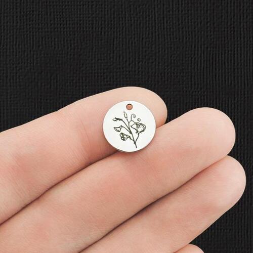 Birth Month Flower Stainless Steel 13mm Round Charms - April Sweet Pea - BFS007-5951