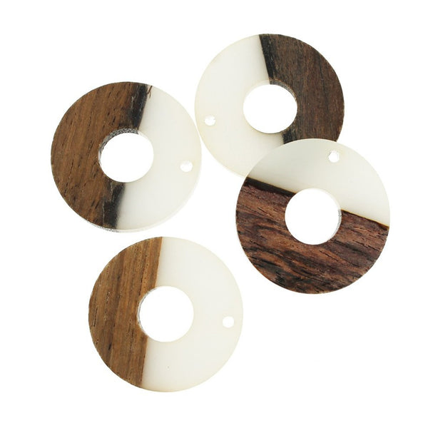 2 Round Natural Wood and White Resin Charms 28mm - WP062