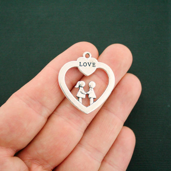 SALE 2 Love Heart Antique Silver Tone Charms 2 Sided - SC6916