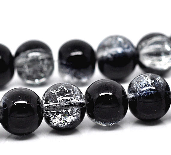Perles de Verre Rondes 10mm - Craquelé Minuit Noir et Transparent - 1 Rang 85 Perles - BD001