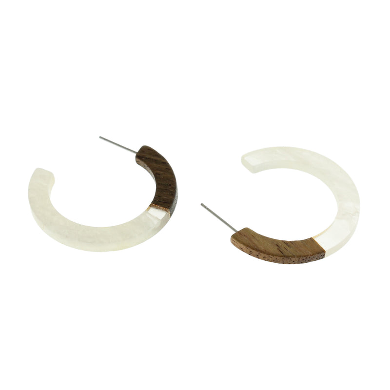 Wood Stainless Steel Earrings - White Resin Hoop - 35mm x 35mm - 2 Pieces 1 Pair - ER261