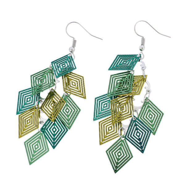 Green Geometric Dangle Earrings - Stainless Steel French Hook Style - 2 Pieces 1 Pair - ER619