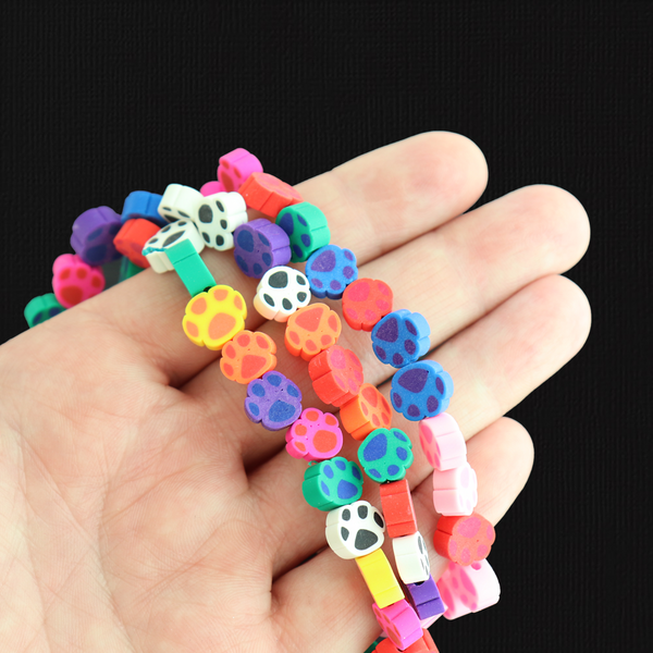 Paw Print Polymer Clay Beads 11mm x 9mm - Assorted Rainbow - 1 Strand 40 Beads - BD1888