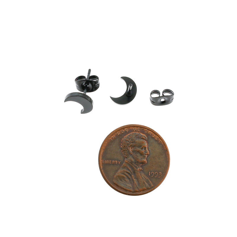 Gunmetal Black Stainless Steel Earrings - Crescent Moon Studs - 8mm x 6mm - 2 Pieces 1 Pair - ER060