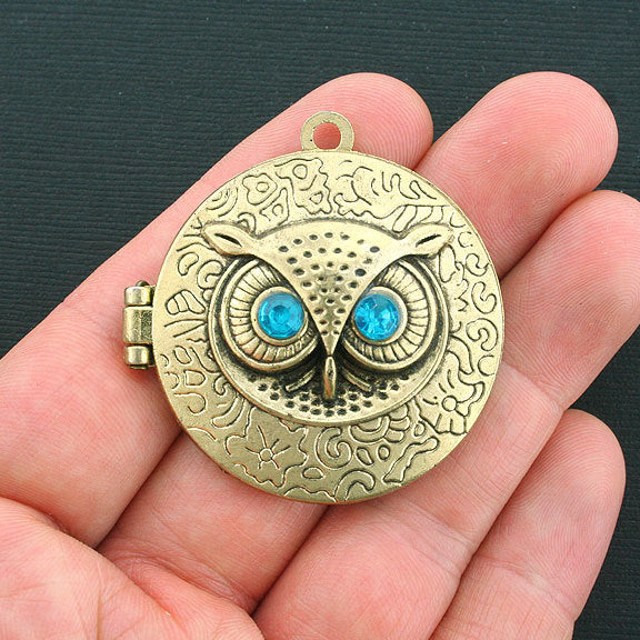 Owl Locket Antique Gold Tone Charms 2 faces avec strass - GC423
