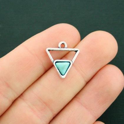 4 Turquoise Triangle Antique Silver Tone Charms With Imitation Turquoise - SC6410