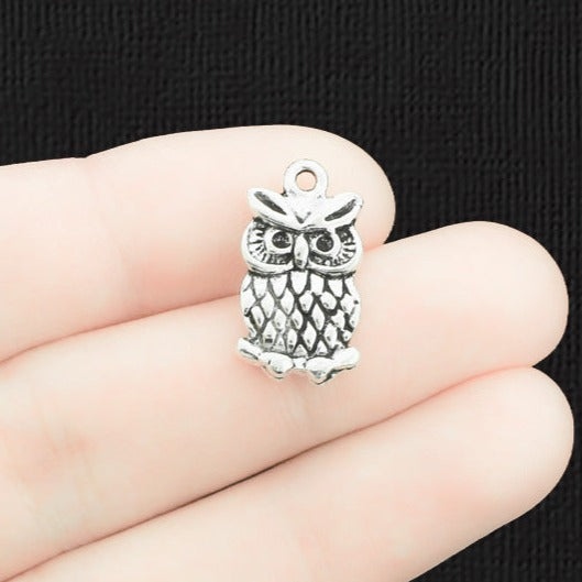 10 Owl Antique Silver Tone Charms 2 Sided - SC1448