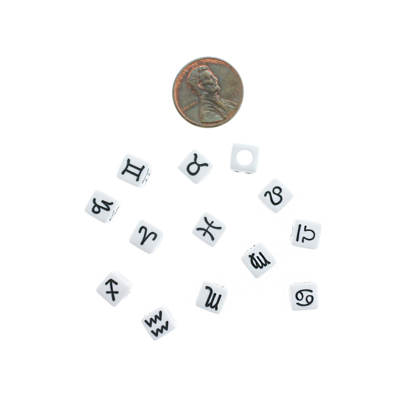 Cube Acrylic Beads 7mm - Black and White Zodiac Sign - 50 Beads - BD386