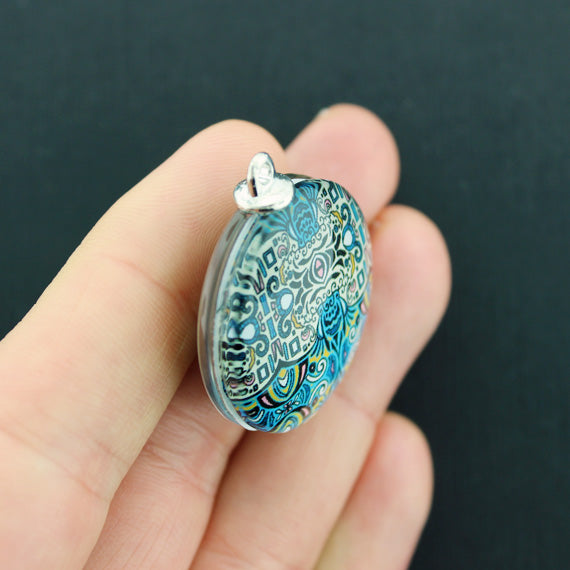 Round Ornate Boho Chic Antique Silver Tone Charm with Glass 2 Sided - Z797