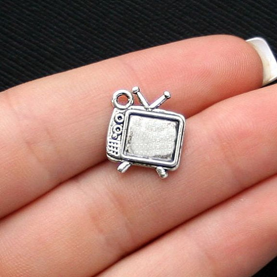 6 Television Antique Silver Tone Charms 2 Sided - SC488