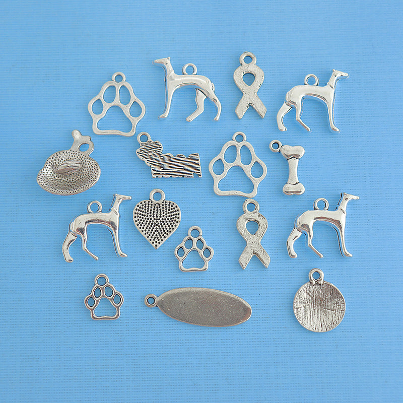 Deluxe Greyhound Rescue Charm Collection Antique Silver Tone 16 Charms - COL263